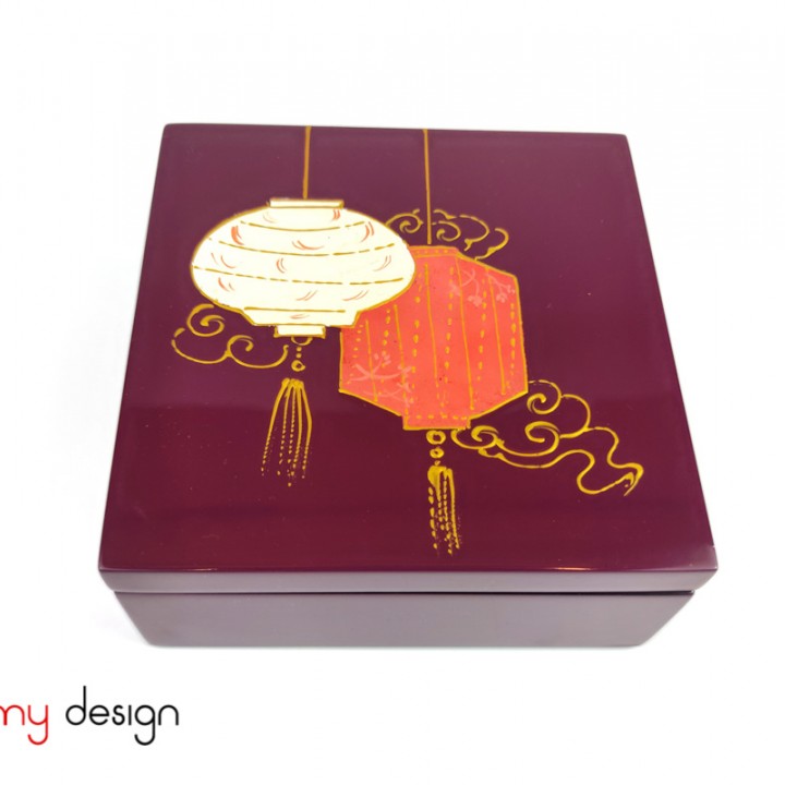 Purple square lacquer box hand-painted with lanterns 15*H6 cm